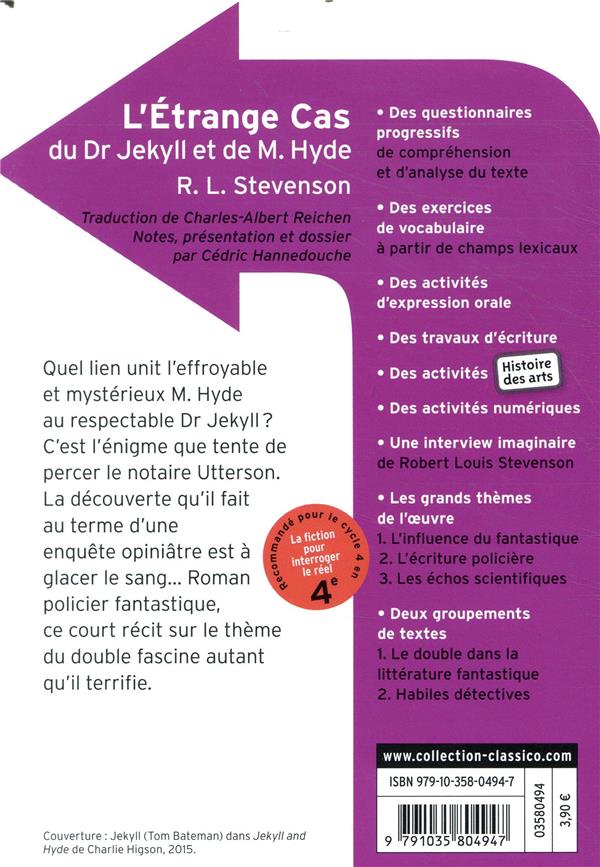 Back cover of L'étrange cas du Dr. Jekyll et de M. Hyde                     (coédition Gallimard ; dossier pédagogique Cédric Hannedouche)