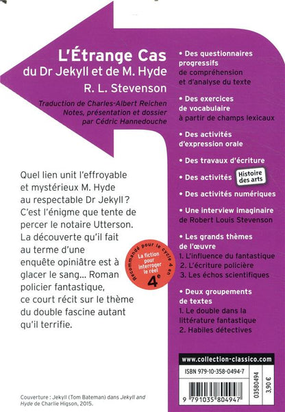 Back cover of L'étrange cas du Dr. Jekyll et de M. Hyde                     (coédition Gallimard ; dossier pédagogique Cédric Hannedouche)