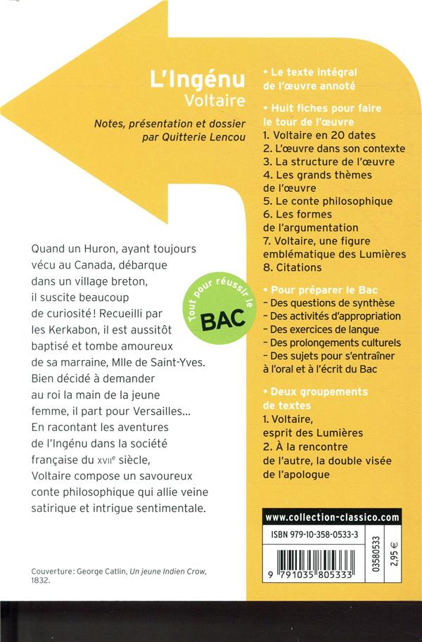 Back cover of L'ingénu                     (coédition Gallimard ; dossier pédagogique Quiterie Lencou)