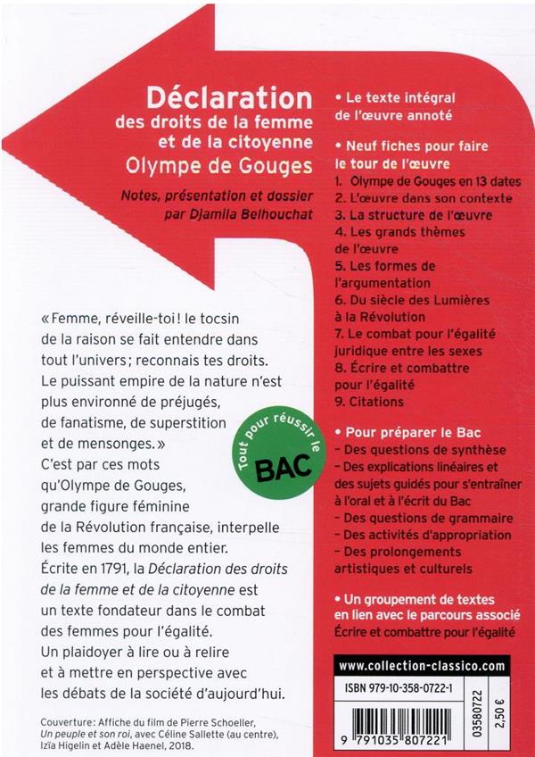 Back cover of Déclaration des droits de la femme et de la citoyenne                     (Dossier pédagogique Djamila Belhouchat ; coédition Gallimard)